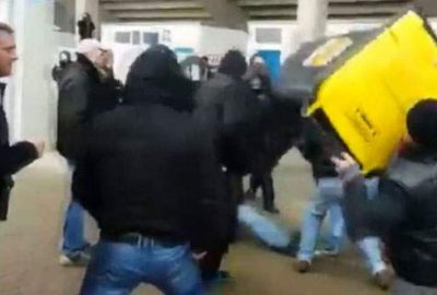 Polise çöp bidonu attı!