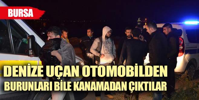 Denize uçan otomobilden burunları bile kanamadan çıktılar