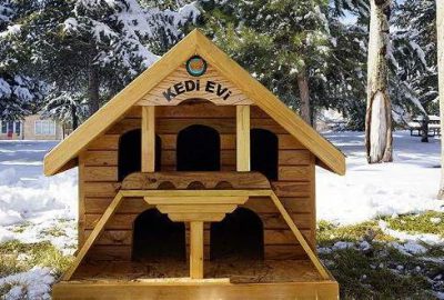 Nevşehir Belediyesi atölyesinde, atık keresteler değerlendirilerek sokak kedileri için kulübe