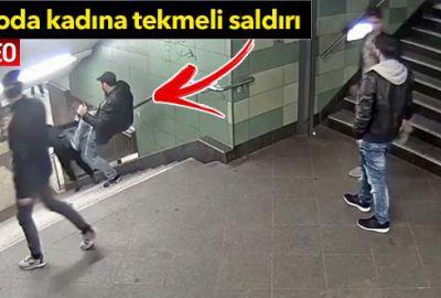 Merdivenlerden inen kadına bir anda tekme savurdu