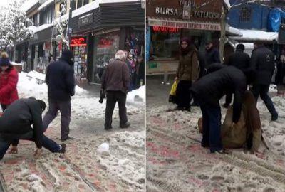 Buz pistine dönen kaldırımlarda Bursalılar zor anlar yaşadı…