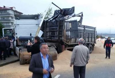 Damperi açılan kamyon üst geçide çarptı