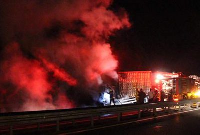 Lastiği patlayan kamyon alev aldı! Tavuklar telef oldu!
