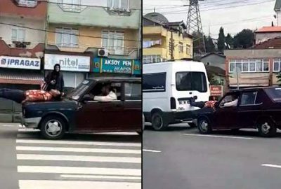 Arızalanan minibüs tamire böyle götürüldü