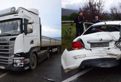 Bursa’da TIR otomobile arkadan çarptı