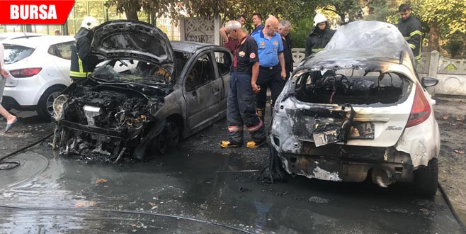 Park halindeki 2 otomobil alev alev yandı