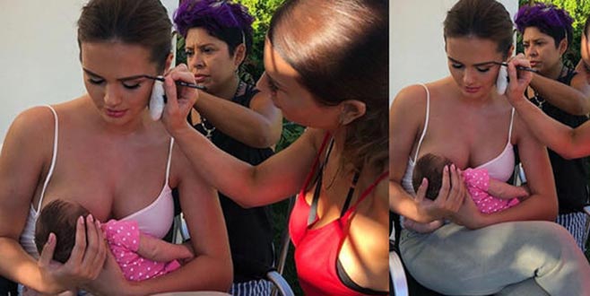 Makyaj koltuğunda bebek emzirdi