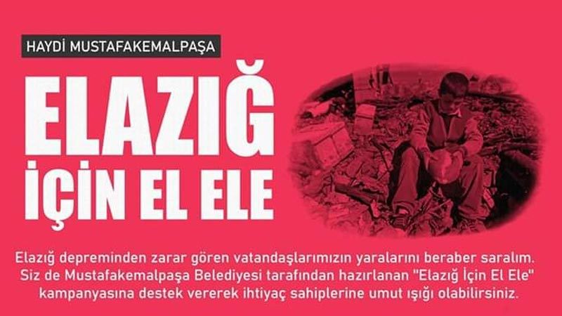 Başkan Kanar ‘Elazığ İçin El Ele’ Dedi Mustafakemalpaşa’da Elazığ’da meydana gelen 6.8 büyüklüğündeki depremin ardından, depremzedelere destek