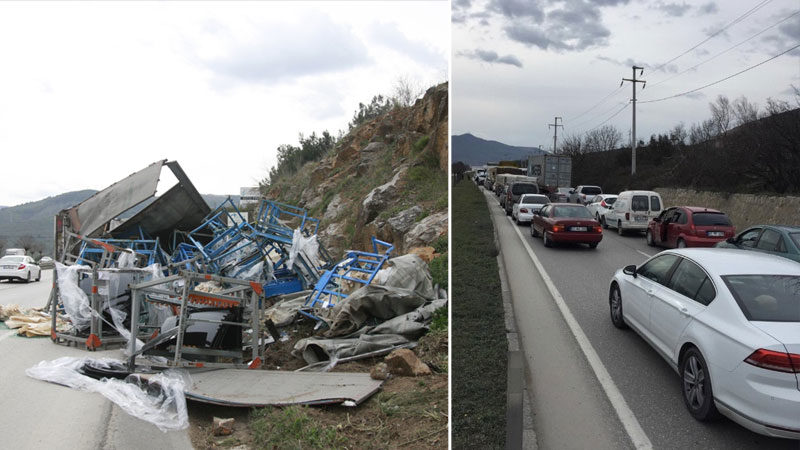 Bursa’nın Orhangazi ilçesinde otomobil camı taşıyan TIR devrildi. Kaza sebebiyle