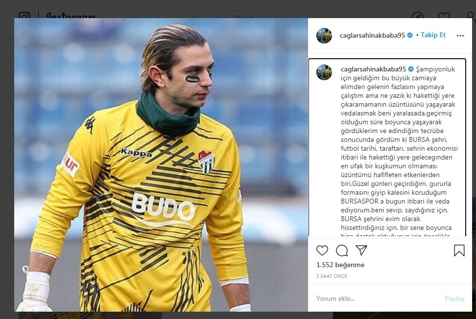 Kaleci Çağlar Şahin Akbaba’dan Bursaspor’a veda Kaleci Çağlar Şahin Akbaba’dan Bursaspor’a veda