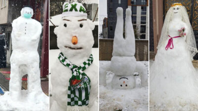 Görüntüler Bursa’dan… Hayal gücünü zorlayan kardan adamlar