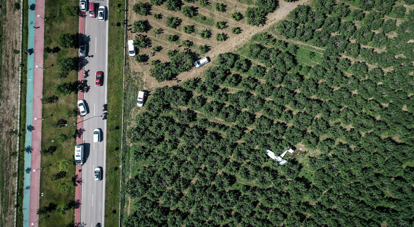 Bursa’da uçağın acil iniş yaptığı alan havadan görüntülendi