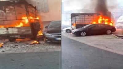 Isınmak için yakılan ateşle kamyonet küle döndü