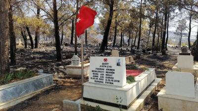Silifke’deki yangında mezarlık da yandı! Şehidin mezarı ve bayrak sapasağlam ayakta…