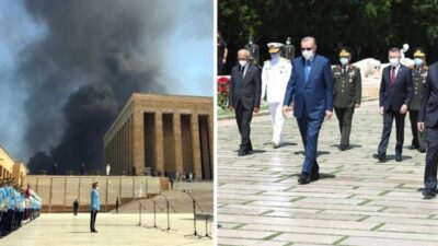 Erdoğan’ın Anıtkabir’i ziyareti sırasında korkutan görüntü! Alevler bir anda yükseldi
