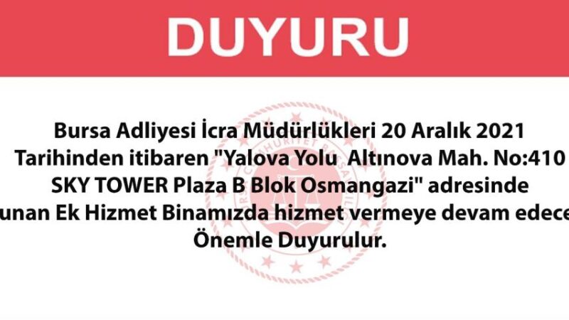 Bursa’da İcra Müdürlükleri taşınıyor… İşte yeni adresleri… Bursa Adliyesi İcra Müdürlükleri yeni hizmet binasına taşınacağını açıkladı.