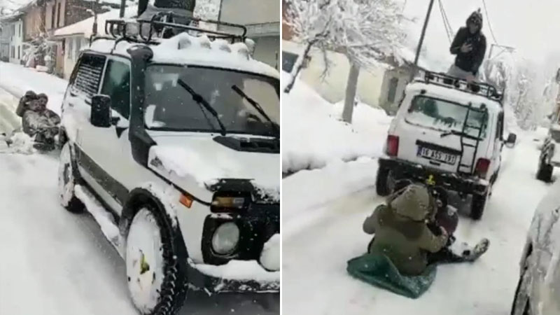 Görüntüler Bursa’dan… Cipe bağladıkları iple…