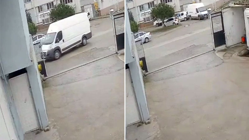 Görüntüler Bursa’dan… El frenini çekmeyi unutunca… Bursa’da panelvan araç sürücüsü el frenini çekmeyi unutunca park halindeki