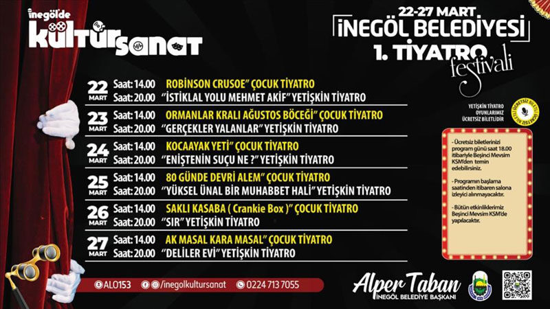 6 gün 6 gece sürecek Tiyatro Festivali başlıyor İnegöl Belediyesi, 27 Mart Dünya Tiyatro Günü kapsamında 6 gün