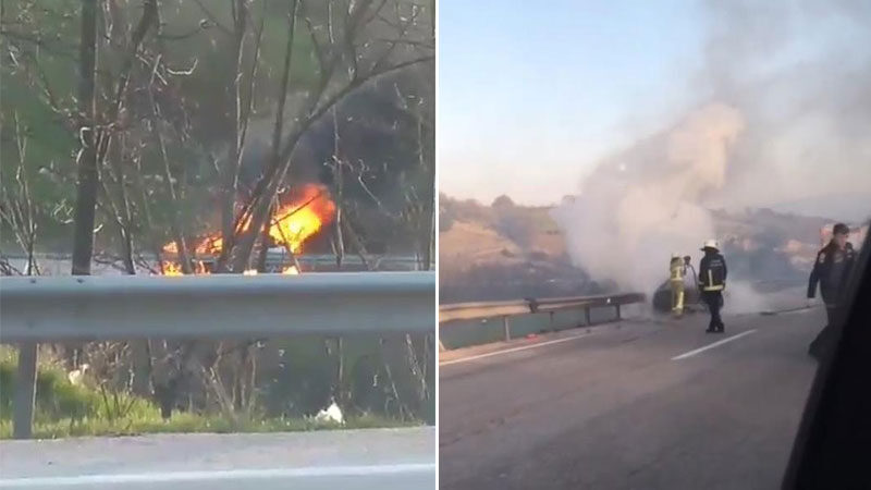 Bursa’da korku dolu anlar Bursa’da bir otomobil seyir halindeyken alev alev yanarak kullanılmaz hale