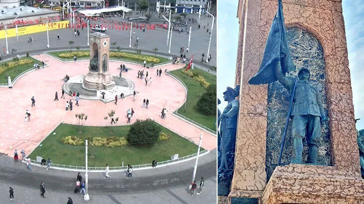 Taksim Cumhuriyet Anıtı’ndaki sancak direği yine kırıldı Taksim Cumhuriyet Anıtı’ndaki sancak direği yine kırıldı