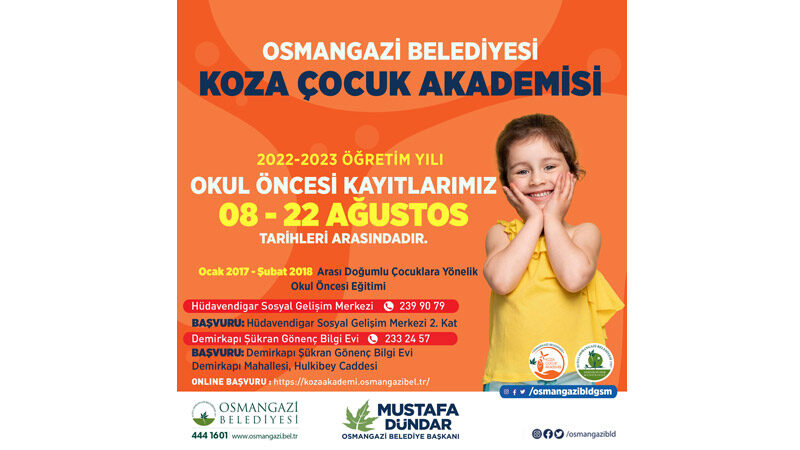 Koza Çocuk Akademi’de kayıtlar başladı Osmangazi Belediyesi’nin en önemli sosyal projelerinden biri olan Bilgi Evleri