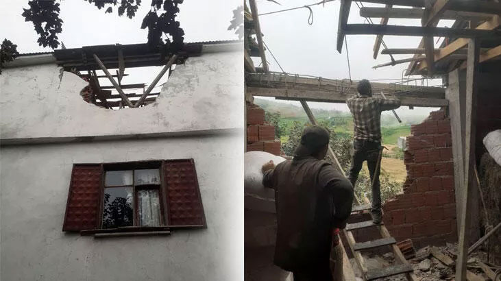 Dinamit patlatılan yoldan fırlayan kayalar, evin çatısı ve duvarını yıktı