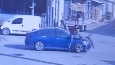 Bursa’da otomobil ile çarpışan bisikletin sürücüsü böyle havalandı