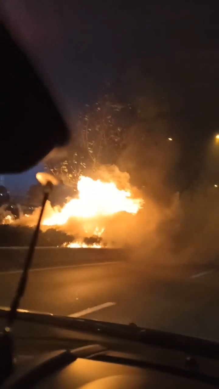 Bursa’da otomobil alev alev yandı, alevler ağaca ve otluk alana sıçradı