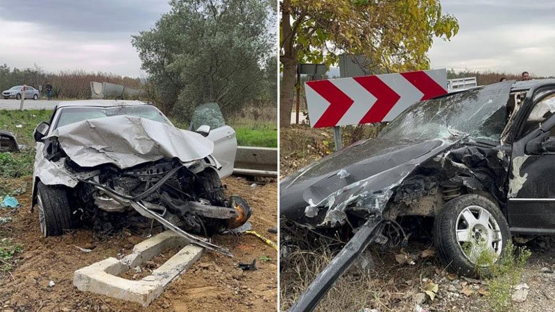 Bursa'da kafa kafaya çarpışan otomobillerden sağ çıkan sürücüler, hastaneye kaldırıldı.