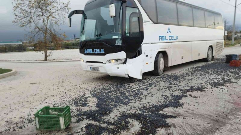 Bursa’da kamyonet ile otobüs çarpıştı! 1,5 ton zeytin yola saçıldı Bursa’da bir buçuk ton zeytin bulunan kamyonet ile servis otobüsü