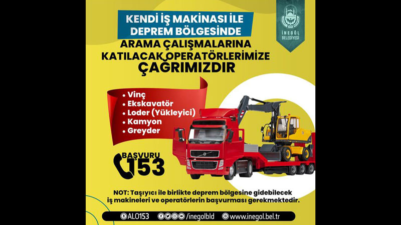 İnegöl Belediyesi’nden operatör Ve iş makinası sahiplerine yardım çağrısı