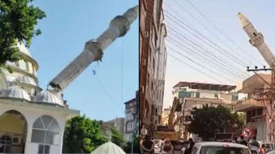 Kontrollü yıkılan minare kamyon ve iş yerlerine zarar verdi