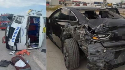 Otomobille çarpışan minibüs devrildi: 9 yaralı