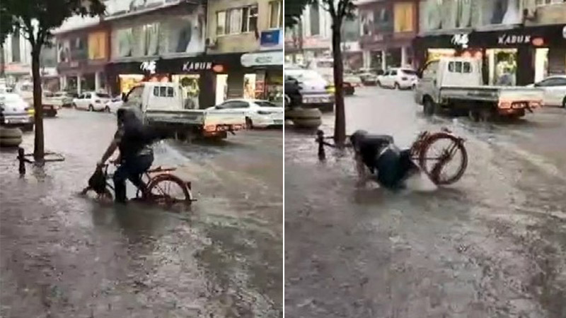 Bursa’da sağanak hayatı olumsuz etkiliyor! Bisikletlinin zor anları