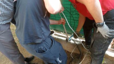 Bursa’da yağmur borusuna sıkışan kedi 5 saatte kurtarıldı