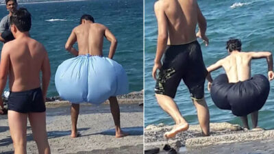 İlginç görüntü: Naylon torba ile denize girdiler