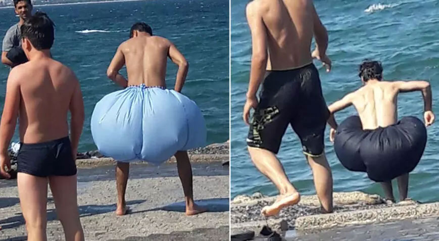İlginç görüntü: Naylon torba ile denize girdiler