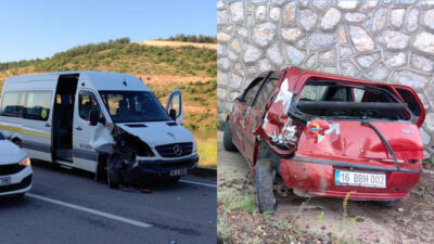 Bursa’da servis minibüsü otomobile çarptı