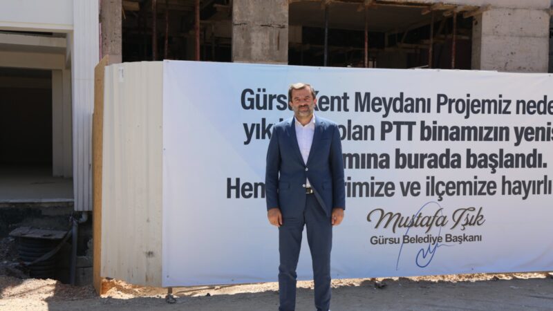 Gürsu’nun yeni PTT Hizmet Binası hızla yükseliyor Gürsu Belediyesi vizyon projelerinden birisi olan Gürsu Kent Meydanı projesi