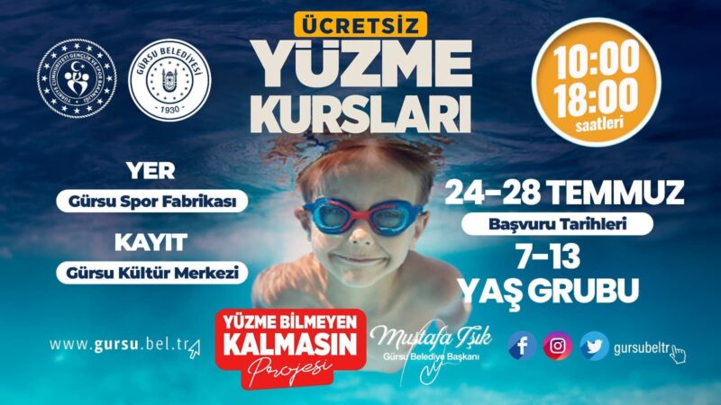 Gürsu’da yüzme bilmeyen çocuk kalmayacak Gürsu Belediyesi çocuklar için ücretsiz yüzme kurslarını başlattı. Gürsu’nun sporcu