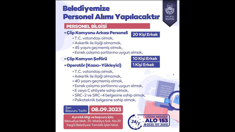 İnegöl Belediyesi 31 personel alacak