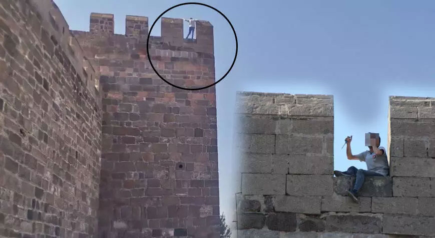 Elinde bıçakla tarihi surlara çıktı! Korku dolu anlar