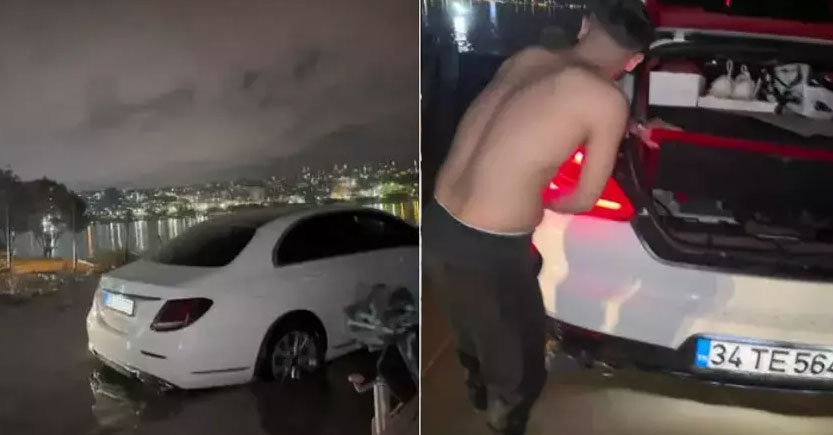 İstanbul’da sel: Arabayı halatla bağladılar