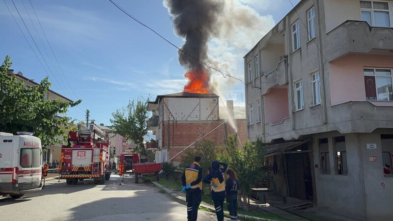 Bursa’nın İznik ilçesinde 3 katlı binanın çatısı alevlere teslim oldu.