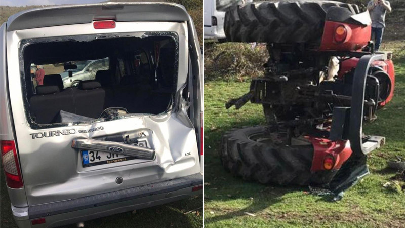 Bursa’da traktör park halindeki araca çarparak devrildi