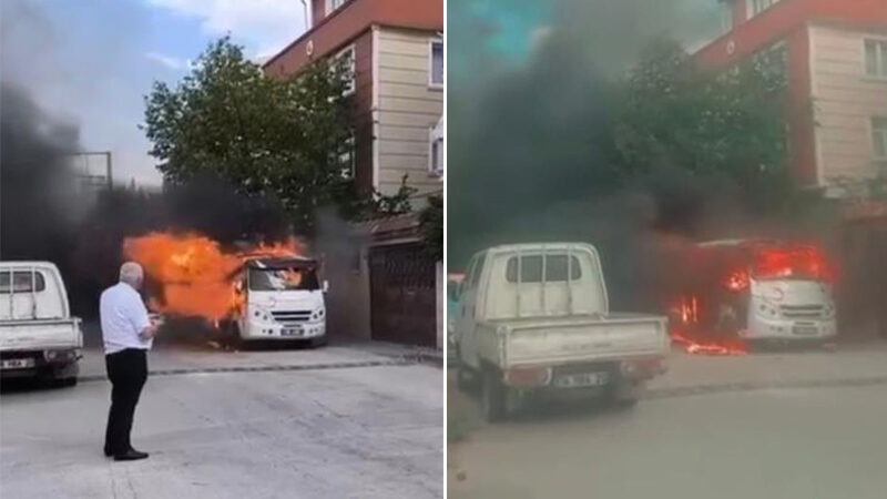 Bursa’da korku dolu anlar Bursa’da park halinde olan minibüs henüz bilinmeyen bir sebepten alev