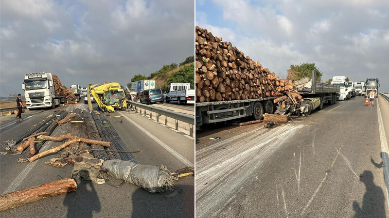 Bursa’da feci kaza! Ortalık savaş alanına döndü Karacabey-Bursa yolu üzerinde bir TIR, tomruk yüklü başka bir TIR'a