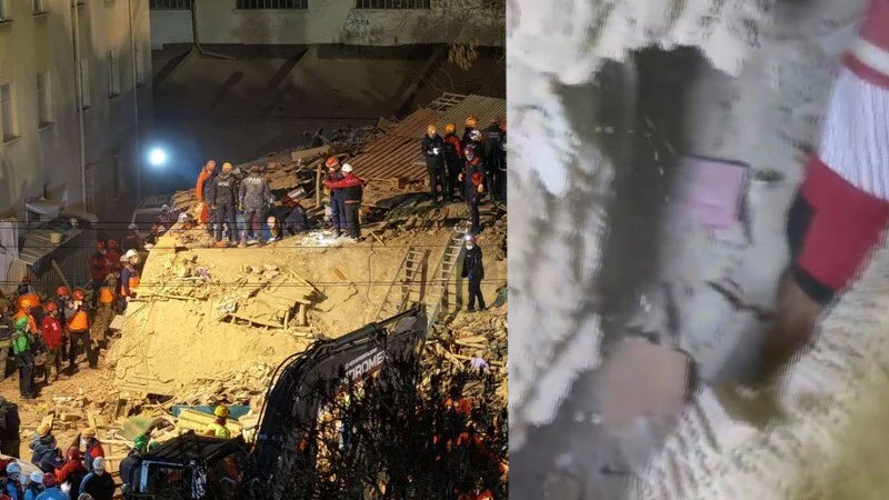 Enkaz altında kalan şahsın kurtarılma anı kamerada