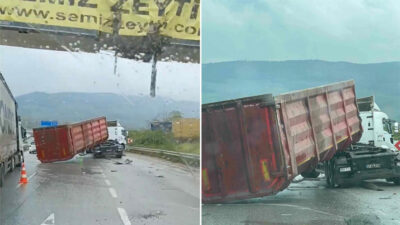 Bursa’da damperi açılan TIR üstgeçide çarptı
